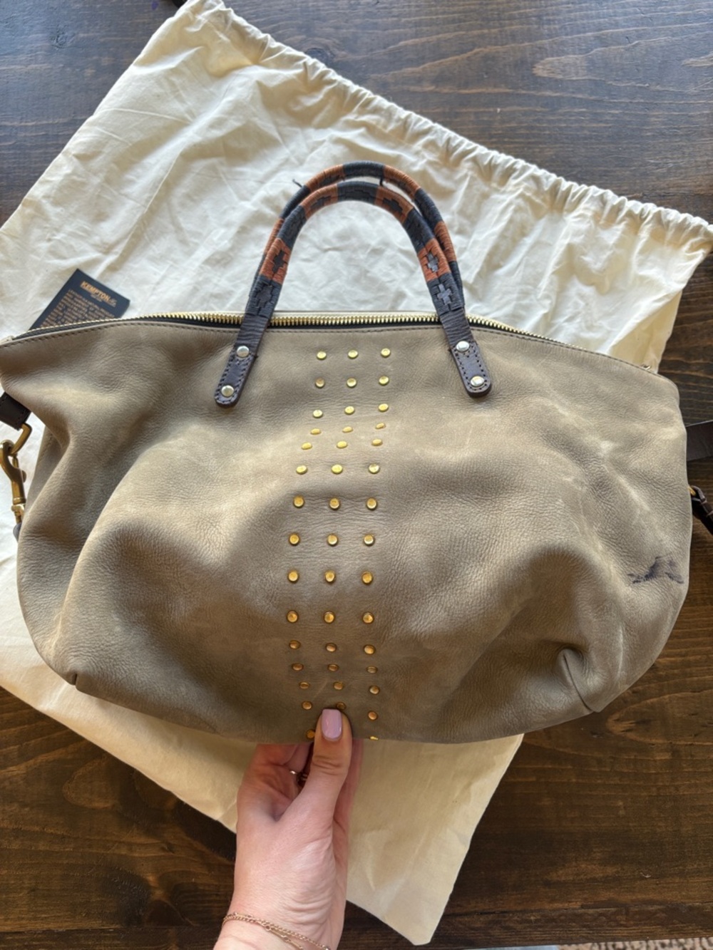 Kempton & Co. Taupe Leather Tote with Stud Accents and Patterned Strap - Picture 3 of 5